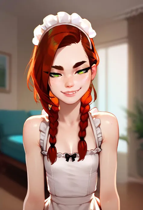 (score_9, score_8_up:1.1), score_7_up, (super skinny:1.2), auburn hair, braids, half-lidded eyes, thick eyebrows, mouth slightly open, smirk, freckles green eyes, maid dress, living room, looking at viewer