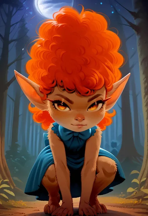 score_9, solo, 1girl, solo focus, female focus, winnie, furry, orange hair, curly hair, pointy ears, bow, dress, looking at viewer, night, forest, full moon, squat, hands down, crouching, on all fours, (crouching on all fours),