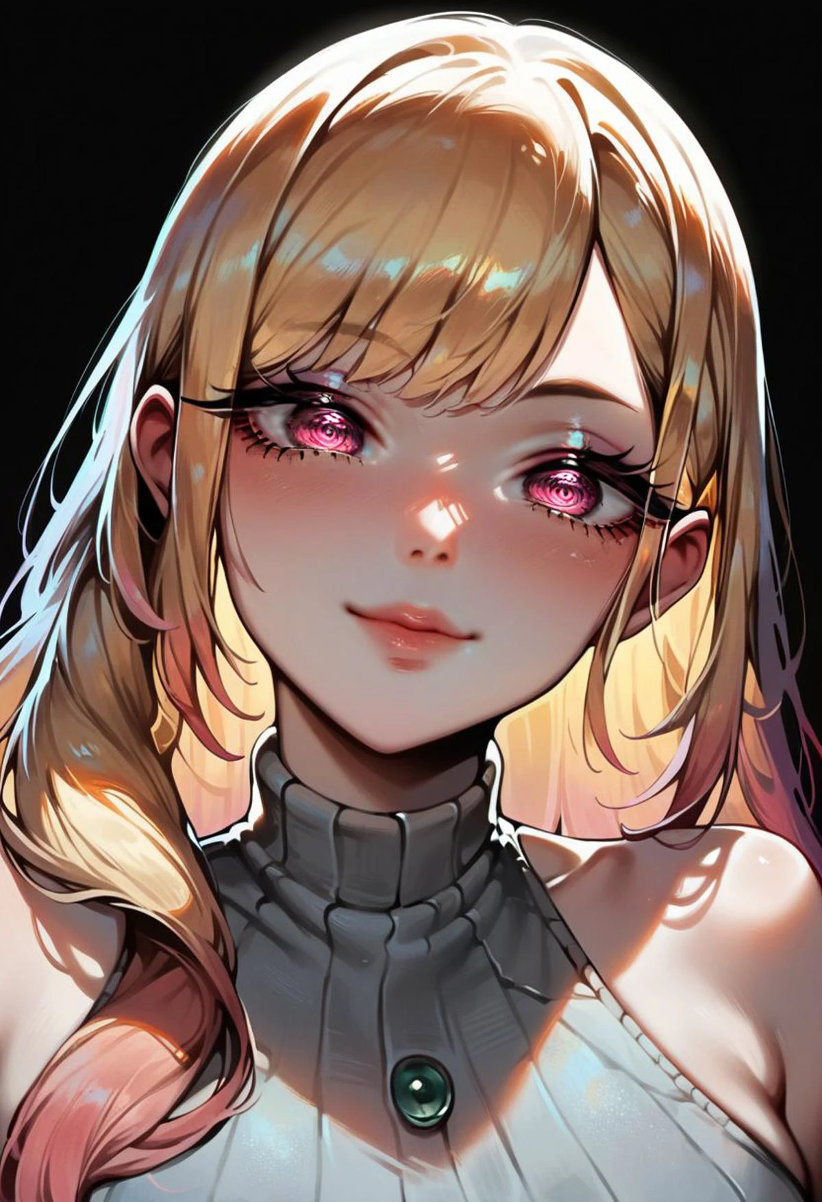 score_9, score_8_up, score_7_up, score_6_up, score_5_up, score_4_up, source_anime, ((hugr, cute face)), Marin Kitagawa - sono bisque doll wa koi wo suru, ((beautiful pink eyes, shiny eyes, large round eyes)), luscious lips, outlined lips, smile, closed mouth, very long eyelashes, (eyeliner, make up), hair over one shoulder, blonde, knitted sweater, halter top, sleeveless, head tilt, dutch shot, bust shot, view from below, black background,