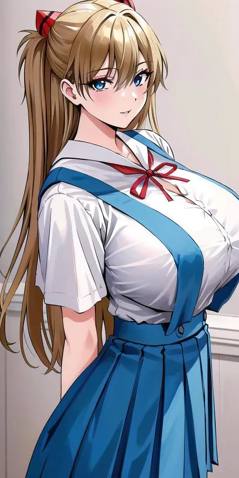 Soro Asuka, huge_breast, permanent, Solitary, White_shirt_blue_pause_skirt_School__Red_ribbon, masterpiece, best quality, Delicate face, Delicate eyes, high resolution,Expose cleavage