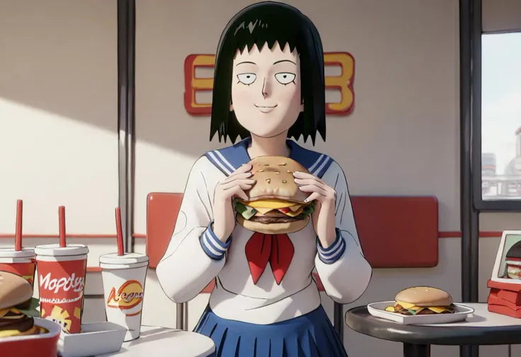 score_9, score_8_up, score_7_up, 3d, sidelighting, 1girl, solo,
kurata tome, black hair, medium hair, black eyes, narrowed eyes,
serafuku, long sleeves, blue skirt, smile, eating hamburger, sloppy hamburger, mcdonalds