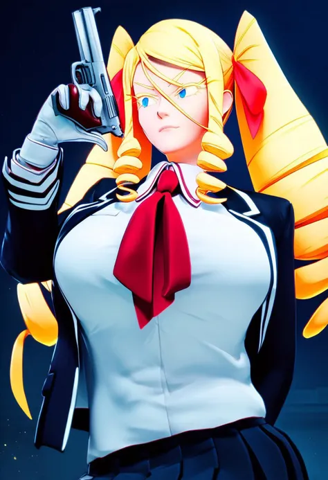 score_9, score_8_up, score_7_up, <lora:fugtrup-guy-PONY-LyCORISv1:1>, 3d, 1girl, solo, nanako, blue eyes, blonde hair, drill hair, twintails, long hair, large breasts, red bowtie, hair ribbon, red ribbon, school uniform, black jacket, white shirt, collared shirt, pleated skirt, black skirt, white gloves, pantyhose, handgun, night, dark background, breasts
