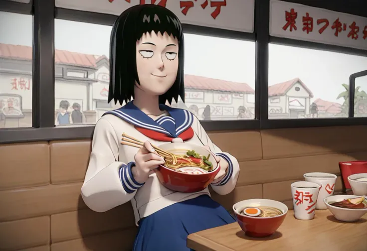 score_9, score_8_up, score_7_up, 3d, sidelighting, 1girl, solo,
kurata tome, black hair, medium hair, black eyes, narrowed eyes,
serafuku, long sleeves, blue skirt, smile, eating ramen, ramen restaurant, chopsticks, slurping noodles