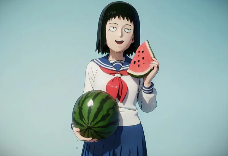 score_9, score_8_up, score_7_up, 3d, sidelighting, 1girl, solo,
kurata tome, black hair, medium hair, black eyes, narrowed eyes,
serafuku, long sleeves, blue skirt, smile, holding watermelon, open mouth, eating watermelon, covered in watermelon juice, wet clothes