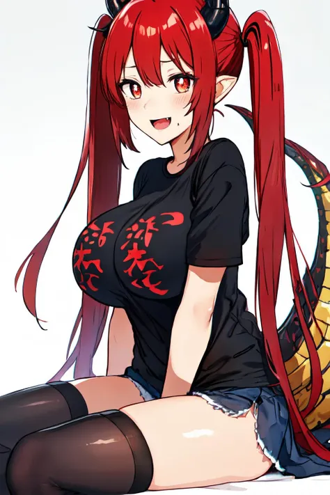 hews style, 1girl, solo, breasts, horns, thighhighs, dragon horns, dragon girl, shirt, black shirt, black thighhighs, open mouth, looking at viewer, sitting, tail, long hair, smile, white background, huge breasts, red eyes, twintails, dragon tail, simple background, pointy ears, slit pupils, red hair, fang, bangs, blush, short sleeves<lora:hews_style:1>