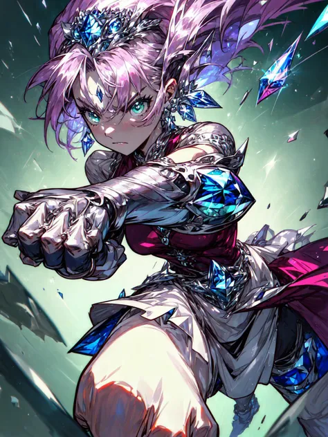 best quality,<lora:add_detail:0.3>, (1girl, solo, adult female, mature female), <lora:style_silverSapphireAI_(SilverSapphireAI):1>, SilverSapphireAI, <lora:concept_goodHands:0.85>, <lora:detailed_eyes:1>,
<lora:character_harunoSakuraNaruto_lykon:0.65> , haruno sakura, (pink hair:1.1), green eyes, (SilverSapphireAI gauntlets, SilverSapphireAI gloves, SilverSapphireAI knuckles:1.15), punching, action pose, movement, narrowed eyes, serious face, dynamic pose, red shirt, SilverSapphireAI skirt, SilverSapphireAI background, SilverSapphireAI forehead mark, (fist focus, knuckles), biceps, muscular, leg muscles,