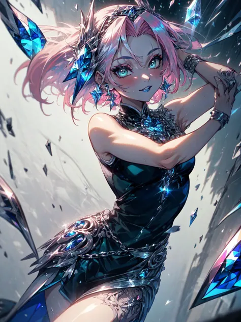 best quality,<lora:add_detail:0.3>, (1girl, solo, adult female, mature female),  <lora:style_silverSapphireAI_(SilverSapphireAI):1>, SilverSapphireAI, <lora:concept_goodHands:1>,  <lora:detailed_eyes:1>,
<lora:character_harunoSakura_ByKonan_(haruno sakura):0.7>, haruno sakura, (pink hair:1.1), green eyes,  SilverSapphireAI outfit, [muscular, biceps], leg muscles, looking at viewer, make up, blue mascara, smile, parted lips, blue lipstick, SilverSapphireAI hair ornaments, SilverSapphireAI shirt, SilverSapphireAI skirt, sleeveless,