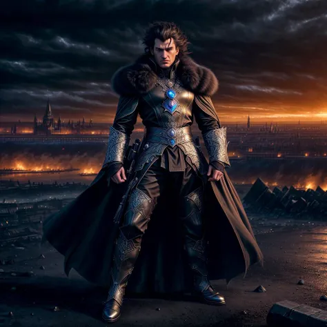 young dark magician in an elegant black caftan and a heavy fur coat, (dark coat and suit:1.2), 20 year old man with light bristles, <lora:SilverSapphireAI:1>, (upper body), mage-commander of the army of Darkness, (close up), the commander stands on the ruins of the captured city, destroyed war-torn citadel on background, (all in fire and blood), disdain, angry, tired, looking at camera, (gloomy evening), evil army on background, highly detailed, 8k HD, photorealistic digital art trending on Artstation 8k HD high definition detailed realistic, masterpiece, high quality, sharp focus, hdr, cinema shot, trending on ArtStation, Intricate, High Detail, Sharp focus, dramatic, photorealistic painting art by midjourney, <lora:add_detail:0.5>
