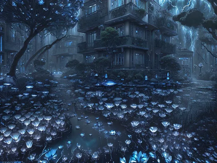 ((ultra detailed abstract photography of a SilverSapphireAI city street)), bioluminescence, (masterpiece), realistic, cinematic light, thunderstorm, hyperdetailed painting, luminism, 4k resolution, fractal isometrics details, (overgrown by bioluminescent mushrooms moss vines:.4), pools of water reflecting the thunderstorm, Photographic Realism, 3d rendering, octane rendering, <lora:SilverSapphireAI:.7>