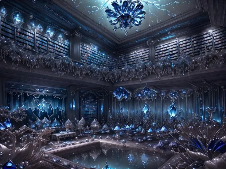((ultra detailed abstract photography of a SilverSapphireAI library)), (indoors:1.2), bioluminescence, (masterpiece), realistic, cinematic light, thunderstorm, hyperdetailed painting, luminism, 4k resolution, fractal isometrics details, (overgrown by bioluminescent mushrooms moss vines:.4), pools of water reflecting the thunderstorm, Photographic Realism, 3d rendering, octane rendering, <lora:SilverSapphireAI:.7>