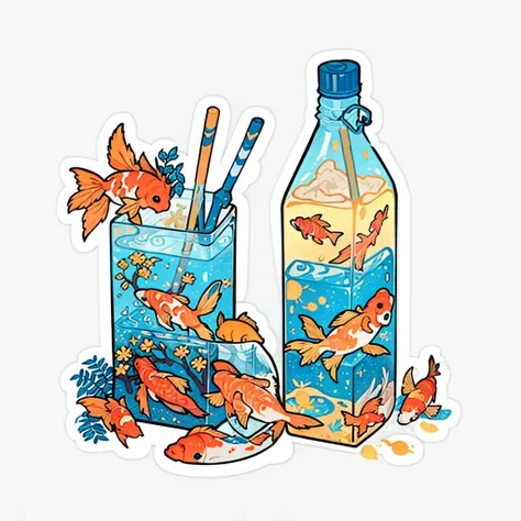 (white background), golden fish, koi, flowers, bottle, cute style, kawaii, (no humans), animal,
(masterpiece:1.2), (best quality, highest quality), (ultra detailed),
 <lora:KawaiiStyle_Style:0.8>