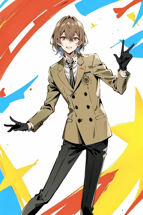 <lora:AkechiGoro_e16:0.75>, akechi gorou, winter_uniform, masterpiece, best quality, 1boy, solo, male focus, striped necktie, black gloves, black pants, 4k, 8k, smile, looking at viewer,