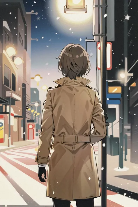 <lora:AkechiGoro_e16:0.7>, akechi_gorou, winter_outdoor, 1boy, solo, masterpiece, best quality, ultra-detailed, brown_coat, plaid_scarf, black_gloves, black_pants, male focus, cinematic lighting, from behind, looking away, snowing, street, traffic lights, dynamic angle,
