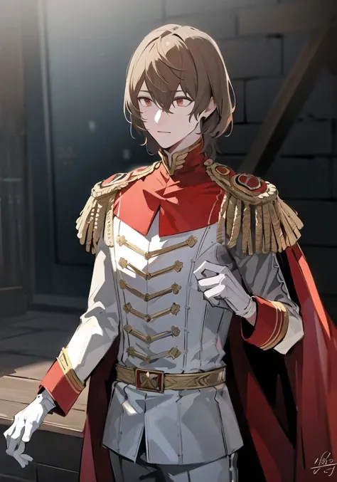 <lora:AkechiGoro_e16:0.8>, akechi_gorou, metaverse, mask removed, masterpiece, best quality, 1boy, solo, white gloves, cape, belt, epaulettes, upper body, 4k, 8k, male focus, cinematic lighting, cowboy shot