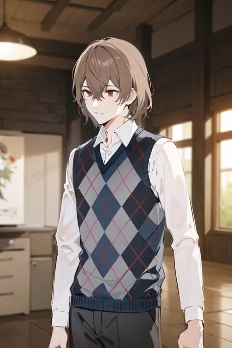 masterpiece, best quality, akechi gorou, winter indoor, 1boy, solo, argyle sweater vest, white collared shirt, long sleeves, male focus, 4k, 8k, <lora:AkechiGoro_e16:0.7>
