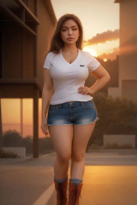a photo of mrvdhlm (medium shot),standing in front of a sunset with burning clouds and ((volumetric lighting)),wearing a v neck shirt and shorts with boots,(nice hands,perfect hands),busty,(curvy hips),ultra high res <lora:Merve_Dahlem:0.8> <lora:add_sharpness:1.5> <lyco:GoodHands-beta2:0.7>