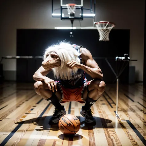 <lora:Mystics_Dark_Crystal:1>,
dmystic,mystic,dino face,hunched over,long white hair,full body,fantasy room background,
basketball uniforms,Mystics,logo,tank_top,shorts,red costume,