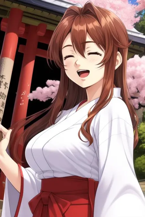 <lora:Midou_Yuuki:0.8>, MidouYuuki, 1girl, soro, closed eyes, open mouth, brown_hair, long_hair, large breasts, happy, smile,
japanese white clothes, miko, red hakama, shrine, cherry blossom,
masterpiece, high quality, very_high_resolution, large_filesize, full color,