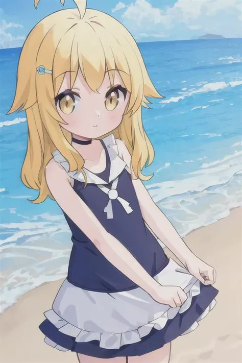 <lora:emilyV1:.65>, emily, 1girl, solo, yellow eyes, blonde hair, ahoge, long hair, looking at viewer, hairclip, outdoors, beach, swimsuit, one-piece_swimsuit, frills
