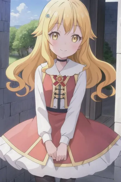 <lora:emilyV1:.7>, emily, 1girl, solo, yellow eyes, blonde hair, ahoge, long hair,  hair ornament, smile, pantyhose, looking at viewer, hairclip, blush, dress, outdoors, park, scenic,