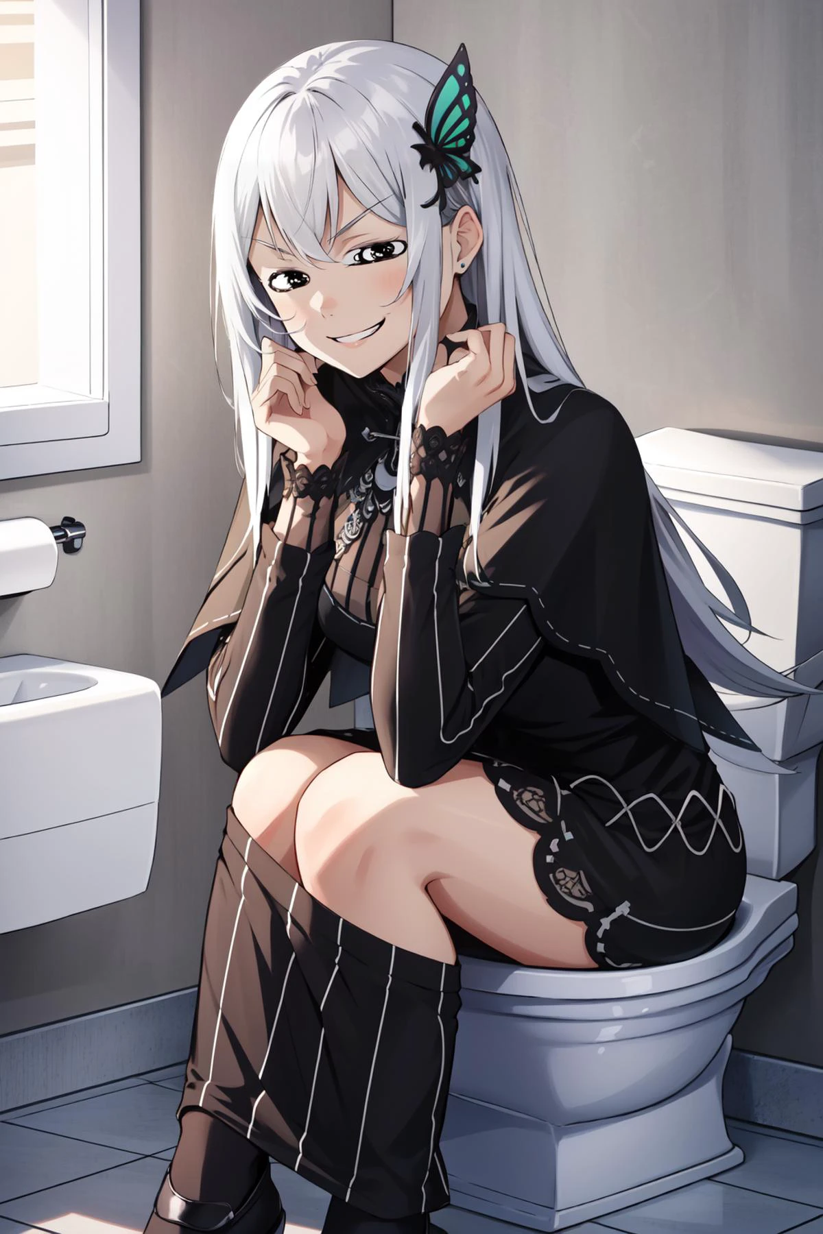 (masterpiece, best quality), intricate details,
1girl, <lora:rezero_echidna-10:0.8> rzechidna, butterfly hair ornament, black dress, long sleeves, black capelet
<lora:hotarueye_comic8_v100:1> smug, smirk, evil grin, bathroom, indoors, toilet, sitting on toilet,