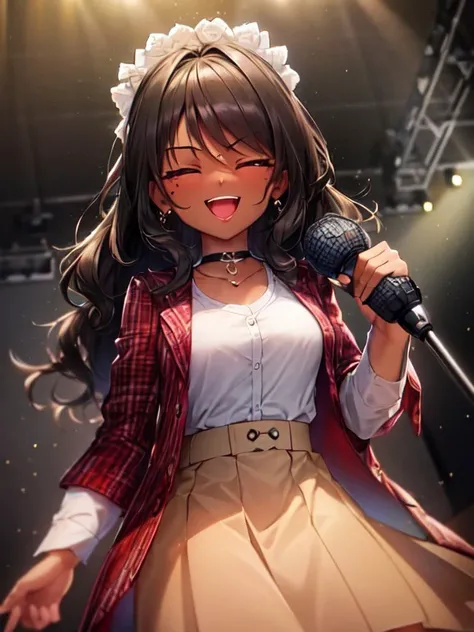 <lora:add_detail:0.2> <lora:SundayFNF-10:0.9> ((best quality)), ((masterpiece)), (detailed), absurdres, HDR, indoors, stage, stage lights, closed eyes, smiley face, stage, microphone, holding microphone, 1girl, Sunday, black skin, dark skin, open mouth, shirt, black hair, holding, closed eyes, mole, mole under eye, black background, plaid jacket, detailed skin texture, (blush:0.2), (goosebumps:0.3), subsurface scattering