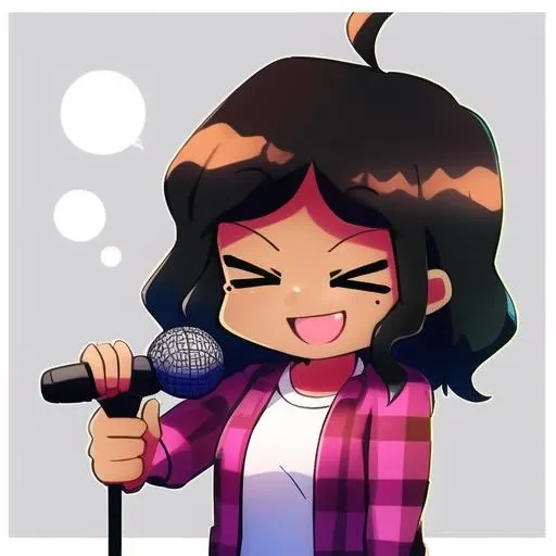 <lora:SundayFNF:0.9> sunday, 1girl, solo, smile, black skin, dark skin, open mouth, shirt, black hair, holding, closed eyes, mole, mole under eye, black background, microphone, holding microphone, plaid jacket,
