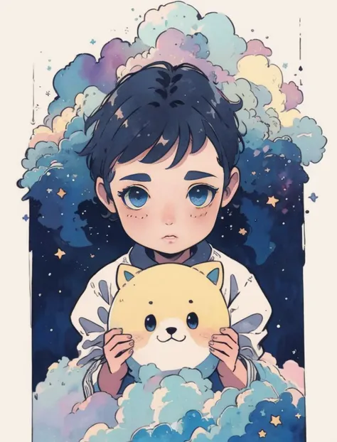 <lora:Colorful:1> watercolor art, cute, boy, stars, clouds, (masterpiece:1.5, best quality), 8k wallpaper, highres, high resolution,HDR.UHD,Highly detailed, extreme detail