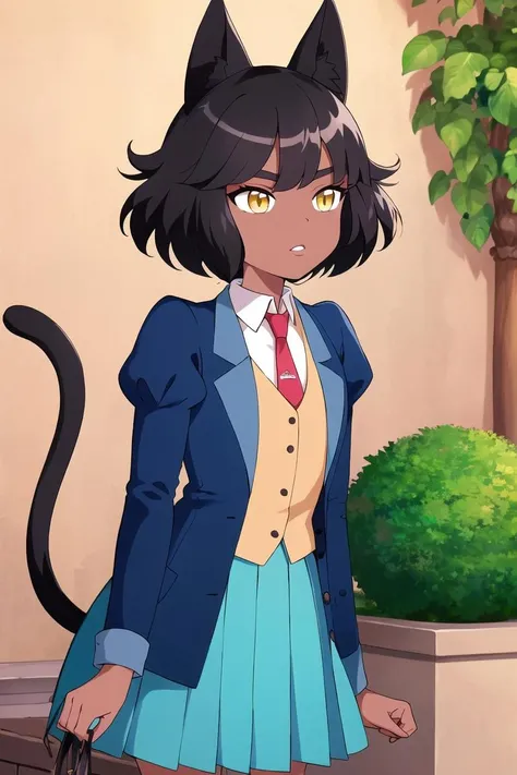 best quality, absurdres, 8k, (Olive), black hair, yellow eyes, dark skin, parted lips, blue jacket, puffy sleeves, juliet sleeves, white shirt, collared shirt, yellow vest, red necktie, cat tail,