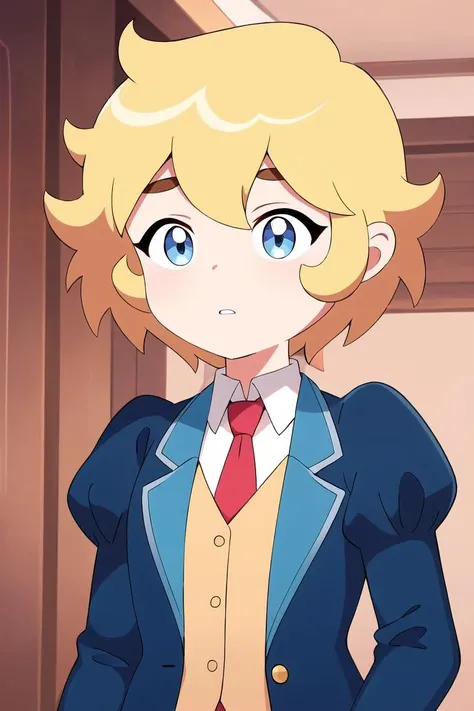 Draw a character in animated art style, with a vibrant and expressive appearance. The character must have exaggerated characteristics, like big, expressive eyes, a subtle and fun smile, and a straight posture. The background should be simple and not distract from the main figure. The character must be from the Kimetsu no Yaiba universe/Demon Slayer, black short hair, blue colored eyes. Wearing a tight skirt, angle from above, animated cartoon, beautiful drawing.