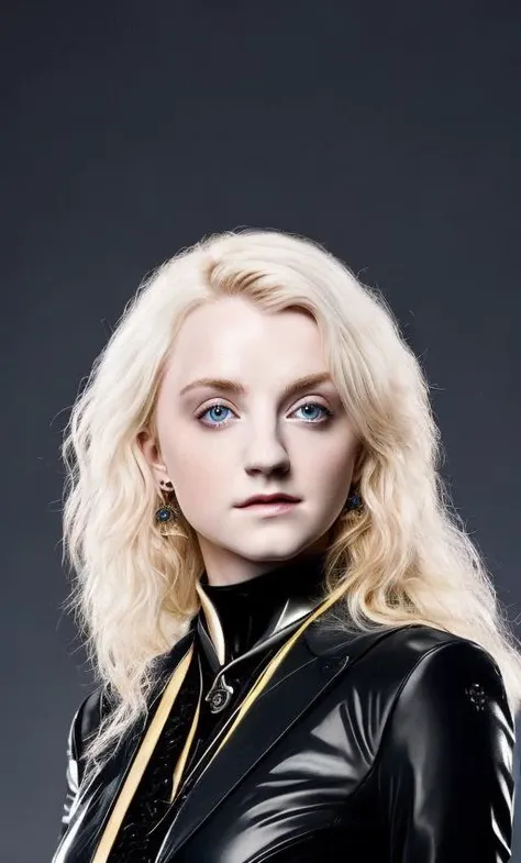 a beautiful picture of luna, wearing  a latex black suit, masterpiece, photorealistic, detailed, 4k, HDR, backlighting, bloom, light, RAW color photo, (fully in frame:1.1), soft skin, blonde, detailed face, bright blue eyes. hidden hands