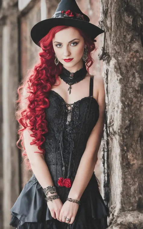 a beautiful photograph of Luna, red corset,chocker,(gothic style skirt red see through),((impish)),standing,(((gothic_boots))),(((sophisticated long red black braided curly hair))),(8k, RAW photo, best quality, masterpiece:1.2), (realistic:1.3), (photorealistic:1.3), ultra-detailed, (high detailed skin:1.2), 8k uhd, dslr, high quality, highly detailed, film grain, Fujifilm XT3, best quality, ((beautiful sun lighting)),daylight,intricate,bright blue eyes,cute,detailed face,unreal engine,earing,red lips,eyelash,eyelid,pentacle,(gothic castel  background),kneels,sexy,neckless,smile,looking at viewer,
fishnet stockings,spike wristband,young,((impish)),bright,witch_hat