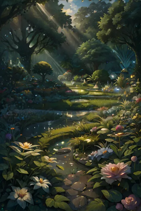 <lora:magicgarden-diomandeee:0.6>, magic garden, early morning, god rays, refractions || masterpiece, 8k, high resolution, shallow depth of field, sharp focus