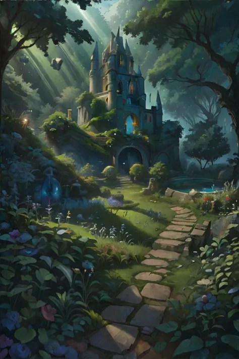 <lora:magicgarden-diomandeee:0.6>, castle ruins, magic garden, early morning, god rays, refractions || masterpiece, 8k, high resolution, shallow depth of field, sharp focus