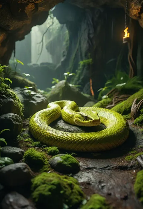 (medium full shot) of (powerful snake) with long body, light green eyes, golden yellow spiked scales, glowing fangs, coiling tail, spines along back magical rune markings, set in  a spacious cave, with moss-covered walls, rustic sleeping areas, simple wooden tools, a smoky fire in the center , during a thunderstorm, ,Masterpiece,best quality, photo, realistic, very aesthetic