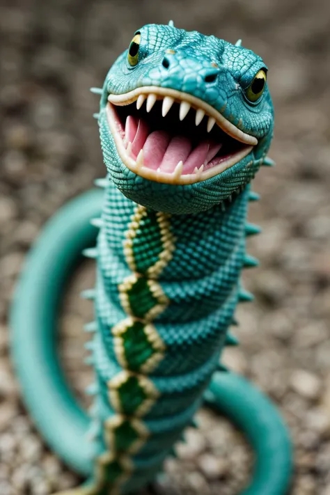 <lora:LCM_LoRA_Weights_SD15:1>,<lora:detail_slider_v4:1.2>,snake with long body, light Blue eyes, emerald green iridescent scales, long fangs, spiked tail, armored plates,