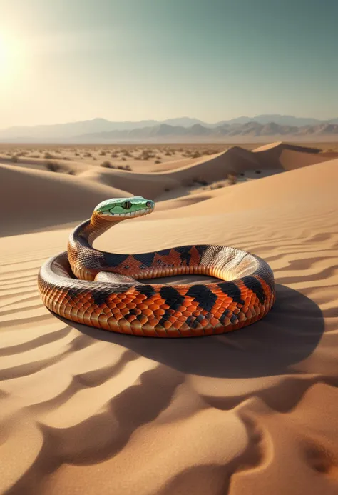 (medium full shot) of (grand snake) with aquatic body, gills, fins, webbed limbs, mint green eyes, fiery orange armored scales, venomous fangs, whip-like tail, spines along back, set in  a vast desert, with rolling dunes, blazing sun, an air of mystery, ,Masterpiece,best quality, raw photo, realistic, very aesthetic