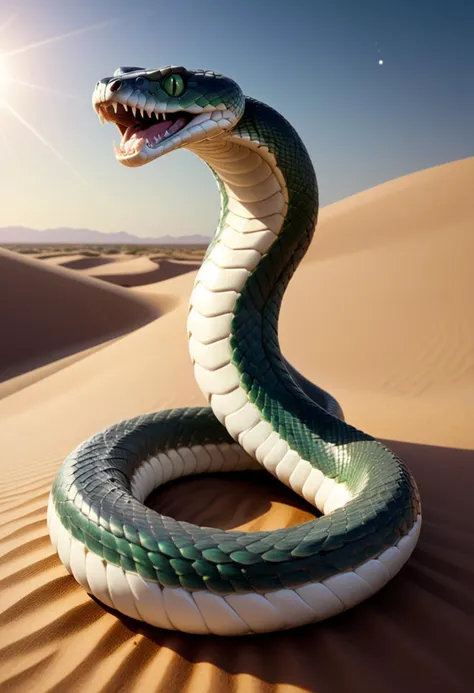 (medium full shot) of (majestic snake) with muscular body, dark green eyes, pearl white iridescent scales, venomous fangs, whip-like tail, spines along back armored plates, set in a vast arid desert, with rolling dunes and the sun blazing high in the sky, where the air is dry and the landscape stretches out endlessly, under the moonlight, woman smiling, ,Masterpiece,best quality, raw photo, realistic, very aesthetic