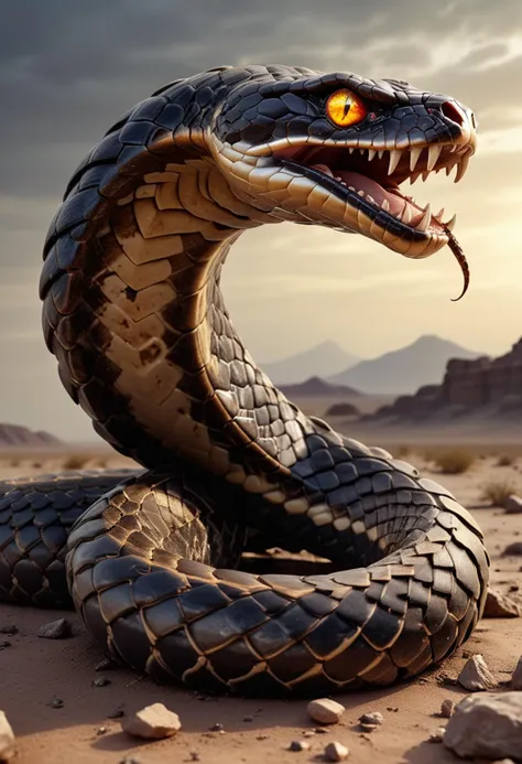 (medium full shot) of (awe-inspiring snake) with muscular body, amber eyes, bronze brown armored scales, venomous fangs, coiling tail, gemstone-studded scales frills, set in  a barren desert wasteland, with cracked earth and the remains of ancient structures, a place of mystery and danger, at dawn, ,Masterpiece,best quality, raw photo, realistic, very aesthetic, dark