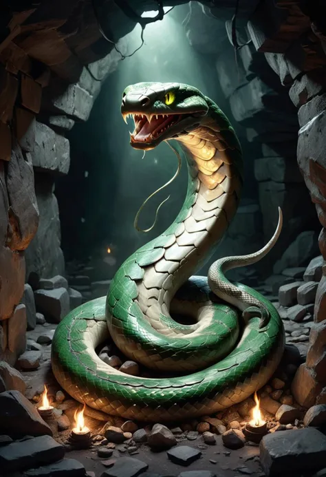 (medium full shot) of (legendary snake) with muscular body, green eyes, pearl white iridescent scales, long fangs, coiling tail, magical rune markings, set in  a dimly lit cave, with stone walls, scattered animal bones, primitive paintings, a central fire pit , under the moonlight, ,Masterpiece,best quality, raw photo, realistic, very aesthetic, dark