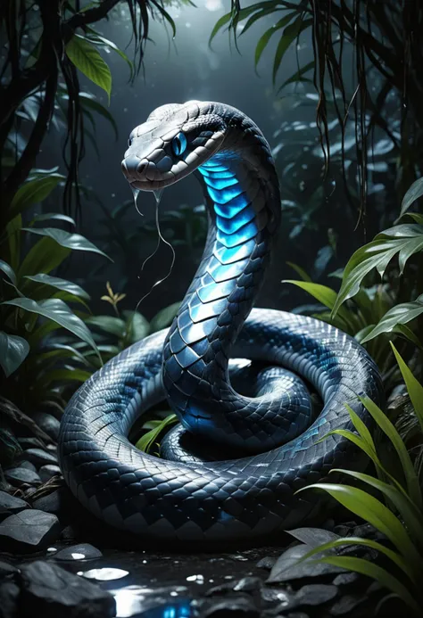 (medium full shot) of (graceful snake) with muscular body, blue eyes, silver grey glittering scales, long fangs, whip-like tail, bioluminescent patterns, set in  a tranquil jungle, with soft lighting, peaceful waters, a serene, calming environment, under the moonlight, ,Masterpiece,best quality, raw photo, realistic, very aesthetic, dark