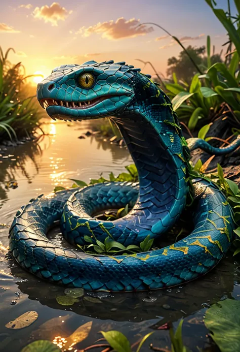 (medium full shot) of (powerful snake) with long body, jade green eyes, sapphire blue armored scales, venomous fangs, coiling tail, crests, set in  river delta with multiple streams merging, rich vegetation all around, birds wading in the shallow water, a sunset in the background, at dawn, ,Masterpiece,best quality, photo, realistic, very aesthetic