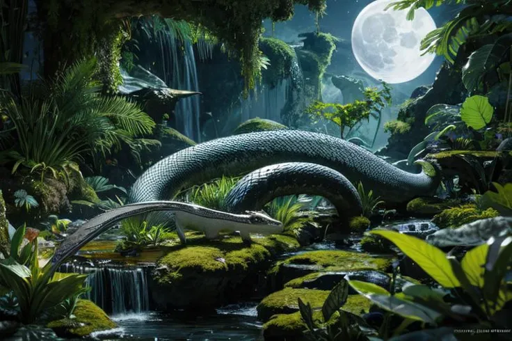 highly insanely detailed, masterpiece, top quality, best quality, highres, 4k, 8k, RAW photo, (very aesthetic, beautiful and aesthetic),  
(legendary snake) with slender body, olive green eyes, obsidian black spiked scales, venomous fangs, coiling tail, magical rune markings,spines along back, set in a sprawling jungle, with vast expanses of greenery, diverse wildlife, a sense of wonder, under the moonlight
decorative_aquascape,mature female,embroidered_textiles,whisk \(object\),Fly-whisk,fly-swish,light grey background, 
âââ