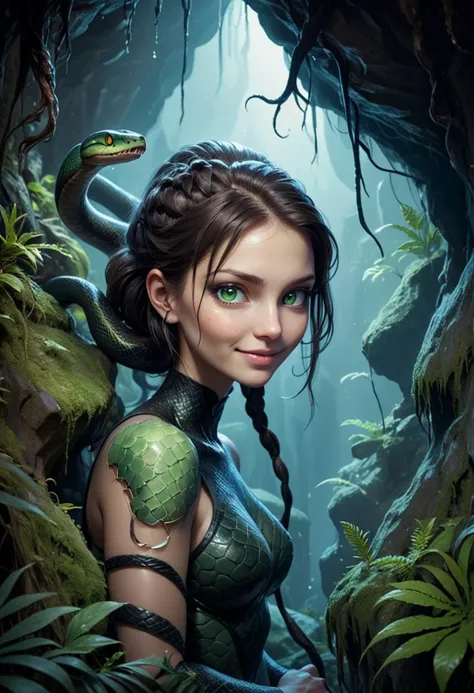 (medium full shot) of (legendary snake) with slender body, olive green eyes, sapphire blue iridescent scales, short fangs, whip-like tail, crests bioluminescent patterns, set in  Mossy Grotto, Damp cavern filled with stalactites and stalagmites, patches of bioluminescent moss emitting a faint glow, ferns and small shrubs clinging to crevices in the rocky walls , at dawn, woman smiling, ,Masterpiece,best quality, raw photo, realistic, very aesthetic