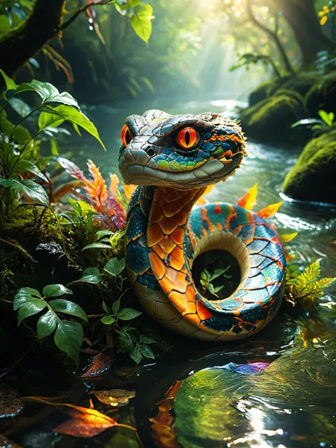 (masterpiece, best quality, ultra-detailed, extremely detailed, intricate details, 8K), (fearsome snake) with aquatic body, gills, fins, webbed limbs, orange eyes, rainbow prismatic iridescent scales, glowing fangs, rattling tail, magical rune markings, set in a river in the forest, where tall trees line the banks, their branches creating a canopy that filters the sunlight, at dawn <lora:xl_more_art-full_v1:0.8>