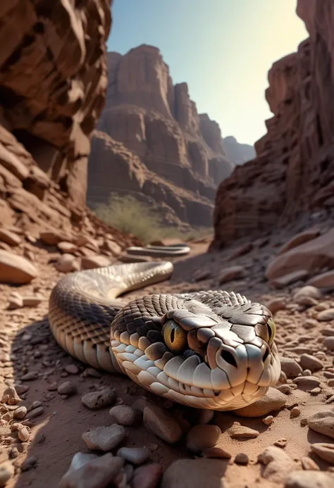 (medium full shot) of (fearsome snake) with slender body, heterochromia eyes, bronze brown iridescent scales, long fangs, spiked tail, spines along back, set in  a rocky desert canyon, with towering cliffs and narrow passages, where the ground is littered with stones and the air is cool and dry, at dawn, ,Masterpiece,best quality, raw photo, realistic, very aesthetic