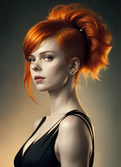 portrait of sks woman by Flora Borsi, style by Flora Borsi, bold, bright colours, orange Mohawk haircut, ((Flora Borsi)), <lora:locon_rudaxsh_v1_from_v1_64_32:1>