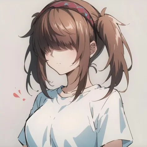 1girl, solo, shirt, hair over eyes, short twintails, long hair, medium breasts, brown hair, hairband, <lora:SayoShinoyama:0.6>