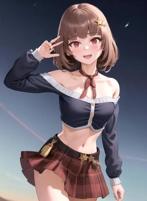 best quality, (masterpiece),(ultra-detailed), (high quality), (high resolution), <lora:starvt:0.7>,1girl, bangs, bare shoulders, blunt bangs, blush, bow, breasts, brown hair, hair ornament, midriff, neck ribbon, off shoulder, off-shoulder shirt, off-shoulder sweater, one eye closed, open mouth, plaid skirt, red eyes, red ribbon, short hair, smile, solo, star (symbol), star hair ornament, starvt