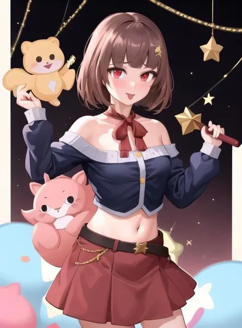best quality, (masterpiece),(ultra-detailed), (high quality), (high resolution), <lora:starvt:0.7>,1girl, :p, bangs, bare shoulders, blush, brown hair, holding, lineart, long sleeves, looking at viewer, midriff, navel, off-shoulder shirt, red eyes, red ribbon, shirt, short hair, skirt, socks, solo, star (symbol), star hair ornament, starvt, stuffed toy, tongue
